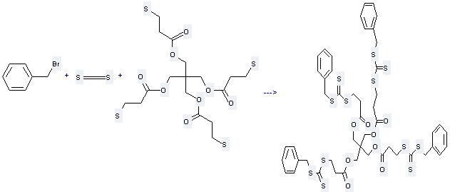 Propanoic acid,3-mercapto-, 1,1'-[2,2-bis[(3-mercapto-1-oxopropoxy)methyl]-1,3-propanediyl]ester can react with Bromomethyl-benzene and Carbon disulfide to get 3-Benzylsulfanylthiocarbonylsulfanyl-propionic acid 3-(3-benzylsulfanylthiocarbonylsulfanyl-propionyloxy)-2,2-bis-(3-benzylsulfanylthiocarbonylsulfanyl-propionyloxymethyl)-propyl ester
